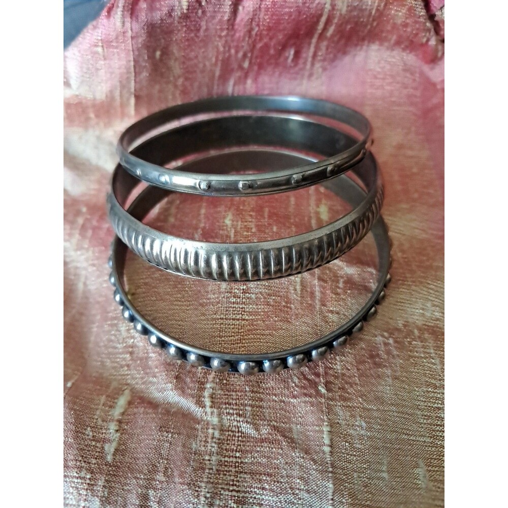 3 Bangle Bracelets Textured Dot Domed Striped Brass Vintage Lot